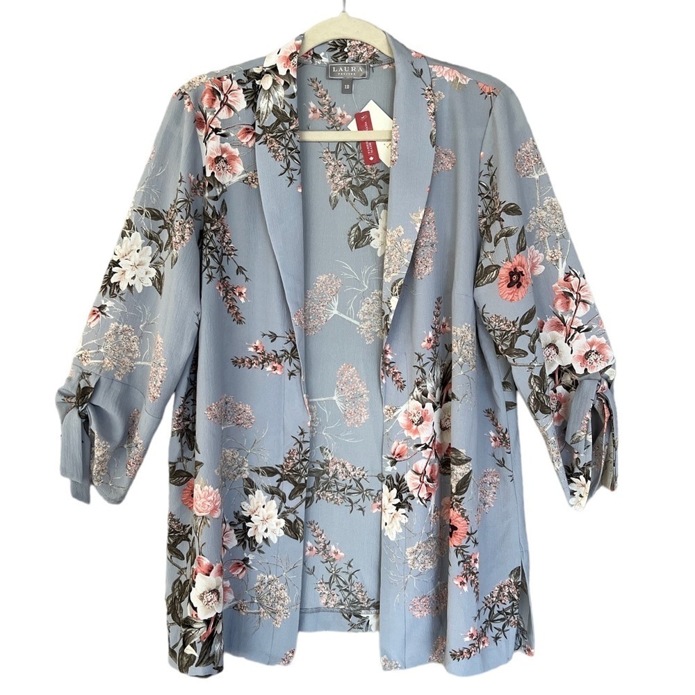 Laura Petites Floral Open Front Kimono Jacket 3/4 Tie Sleeves NWT